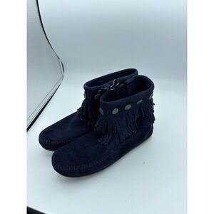 Minnetonka Boots Womens Size 5 Blue Suede Fringe Ankle Moccasin Booties Western